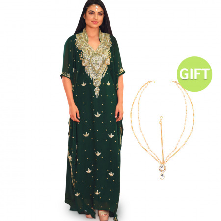 Al Malika Crystals Green Jalabiya & Gift