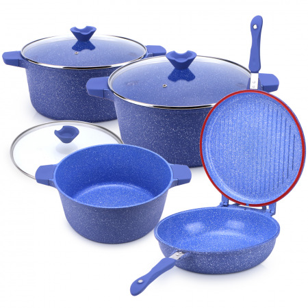 مجموعة أواني الطهي ديكاست 8 قطع أزرق جرانيتي مع 9 قطع أدوات خبز هدية