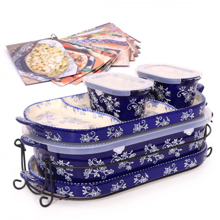 6 PC Squoval Floral Lace Bakeware Set Blue & Recipe Book