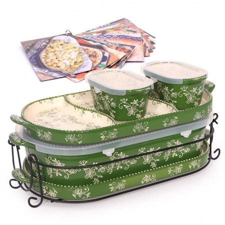 6 PC Squoval Floral Lace Bakeware Set Green & Recipe Book