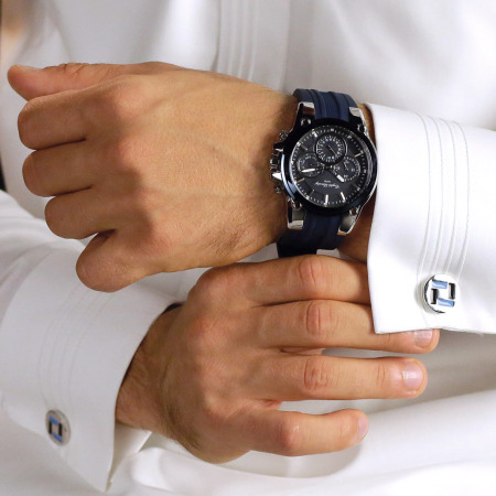 Blue Dial Classic Silicone Watch with Cufflinks