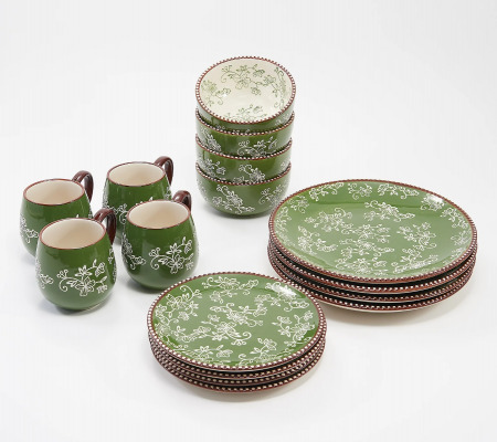 Floral Lace 16 PC Essential Dinnerware Set - Green & FREE Recipe Book