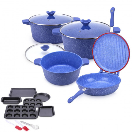8pc Wave Cookware Set Blue Granite & FREE 9pc bakeware 