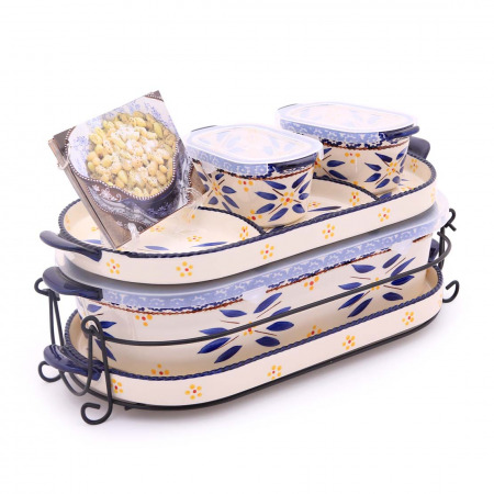 6 PC Squoval Old World Bakeware Set Blue & Recipes book