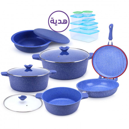 مجموعة أواني الطهي ديكاست 8 قطع مع وعاء مقلوبة ومجموعة تخزين - أزرق جرانيتي