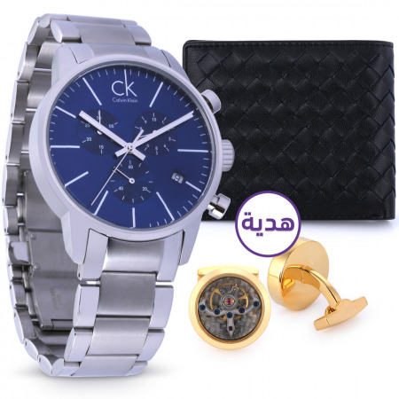 ساعة يد كرونوغراف الكلاسيكية للرجال بميناء أزرق مع هدايا