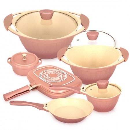 8 Pc Flora Cookware Set - Pink