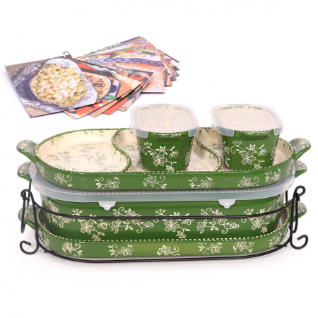 6 PC Squoval Floral Lace Bakeware Set Green & Recipe Book