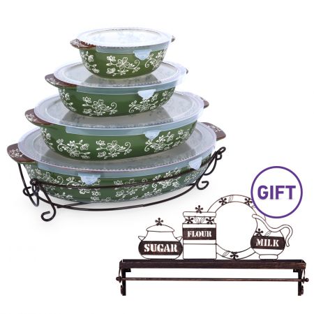 Floral Lace 8PCS Oval Baker Set - Green with Metal Shelf