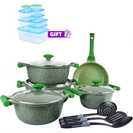 12PC Essential Granite Cookware Set Green & FREE Storage Set