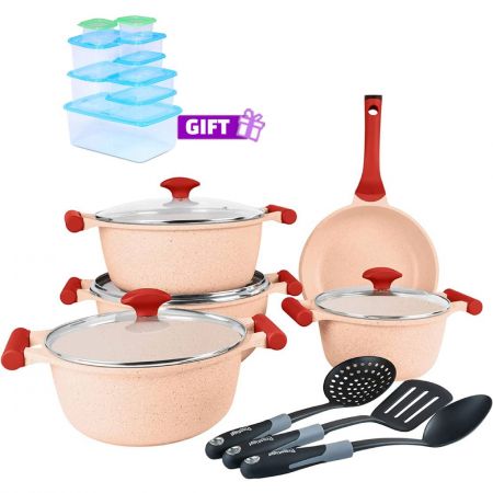 12PC Essential Granite Cookware Set Pink & FREE Storage Set