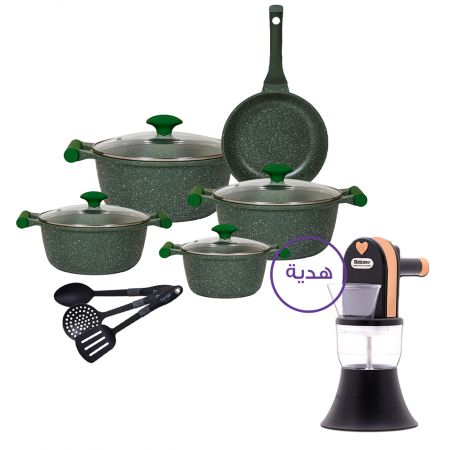  مجموعة أواني طهي جرانيت 12 قطعة أخضر مع جهاز تحضير اللقيمات هدية