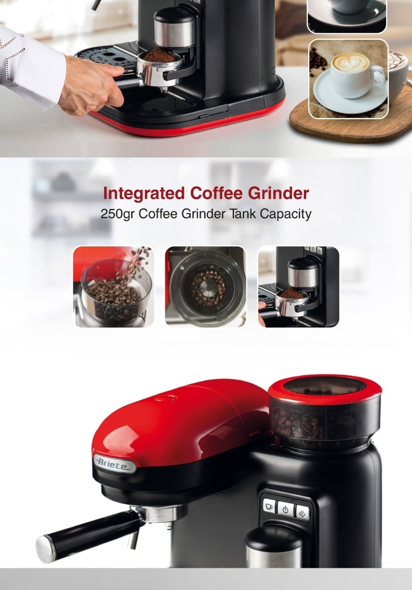 Ariete Moderna Espresso Coffee Machine with Integrated Coffee Grinder، WHITE/BLACK